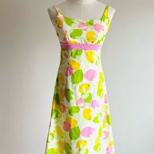Lilly Pulitzer lemon yellow print gingham tier back summer dress sz 4 green pink